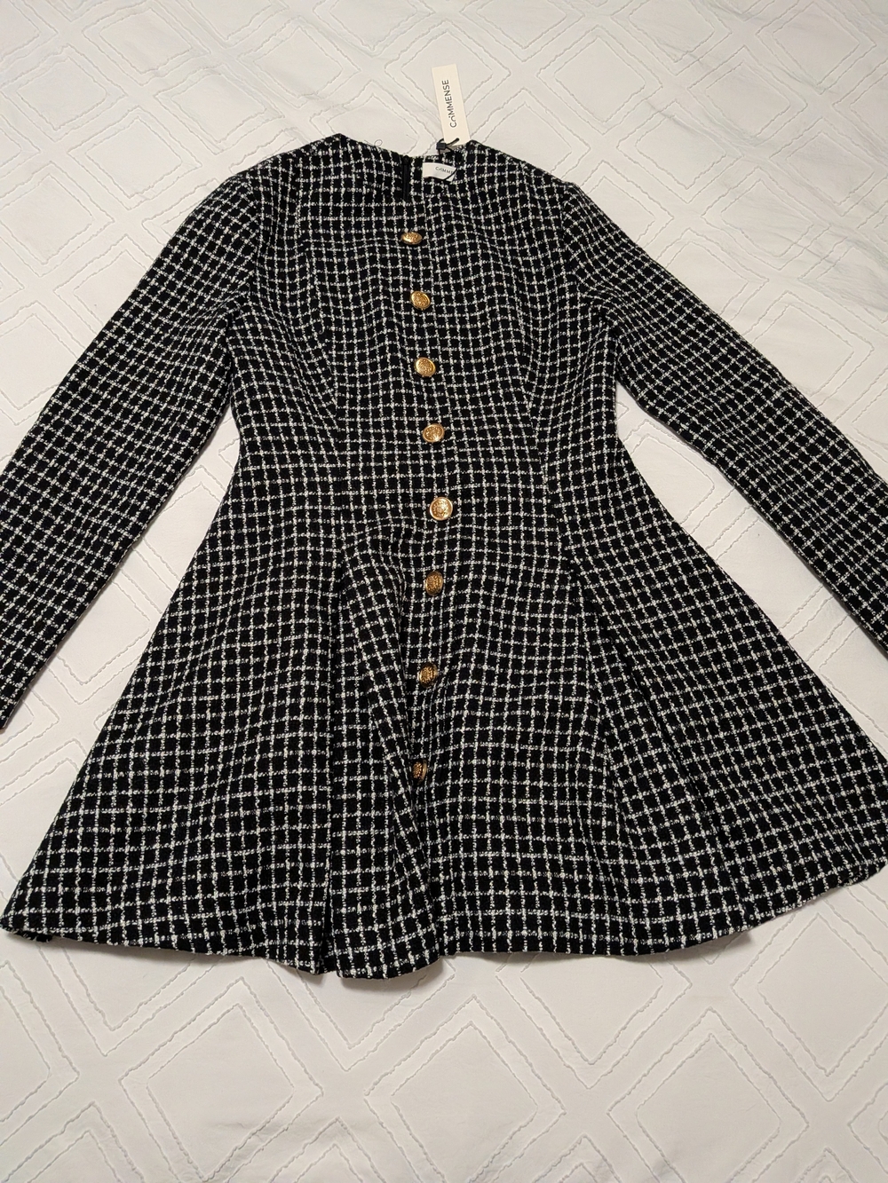Commense Black and White Long Sleeve Tweed Dress with Gold Buttons